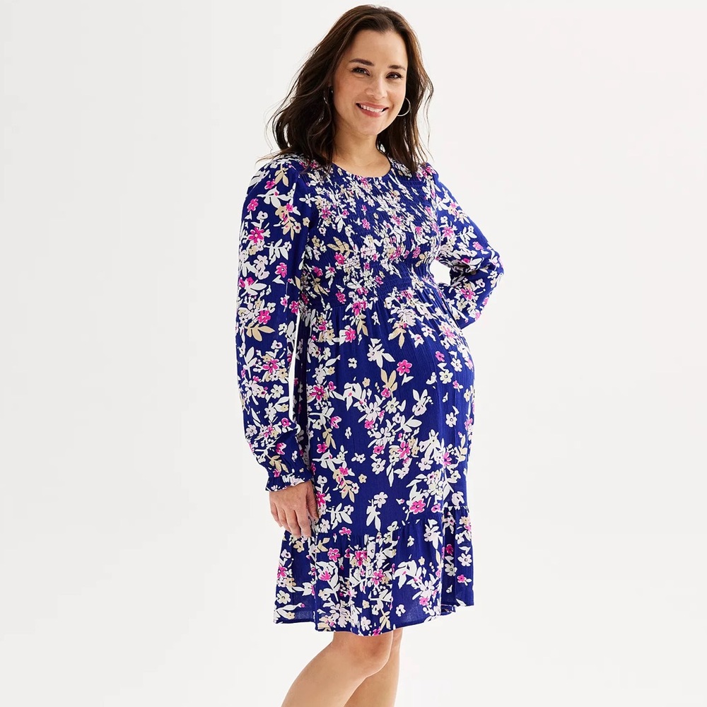 Sonoma Smocked Babydoll Blue Lilac Floral Tiered Maternity MIDI Dress Size Small